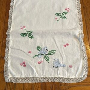 Vintage Hand Embroidered Blue Bird Floral Lace Trim Table Runner Dresser Scarf